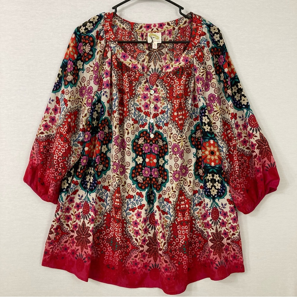 fig and flower Cream Multicolor Floral Peasant Blouse with Pink Hem